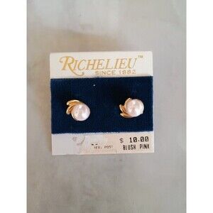 Vintage Richelieu Blush Pink Faux Pearl Stud Earrings Gold Tone NOS